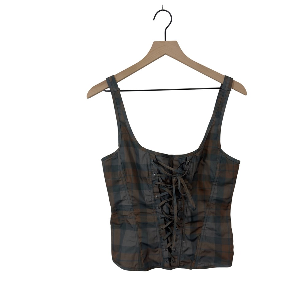 Outlander Hot Topic Plaid Corset Top Brown Grey Lace Up Bodice Women's Medium